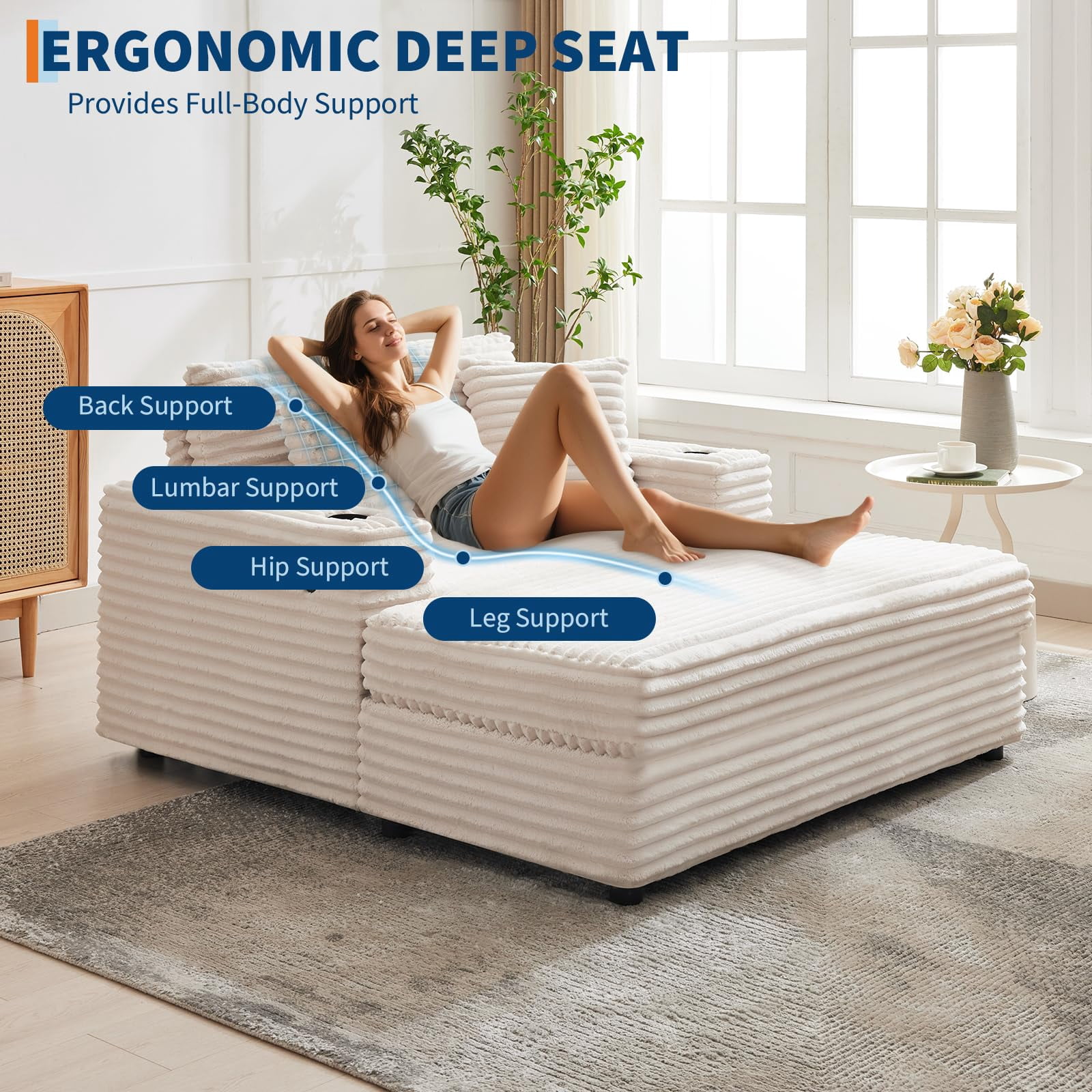 Oversized Corduroy Chaise Lounge Chair with Cup Holder & USB Charging Port, 54" Wide Plush Sofa with High-Density Foam & Supportive Springs for Living Room