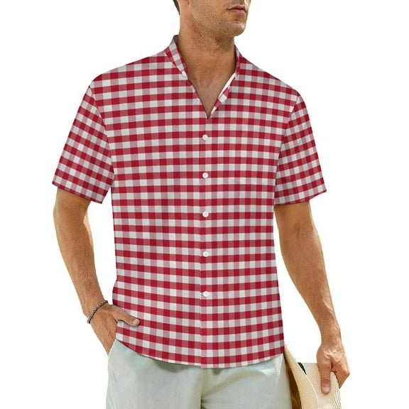 Summer Shirt Beach Red Checkered Blouses Gingham Plaid Print Elegant Casual Shirts Male Sh