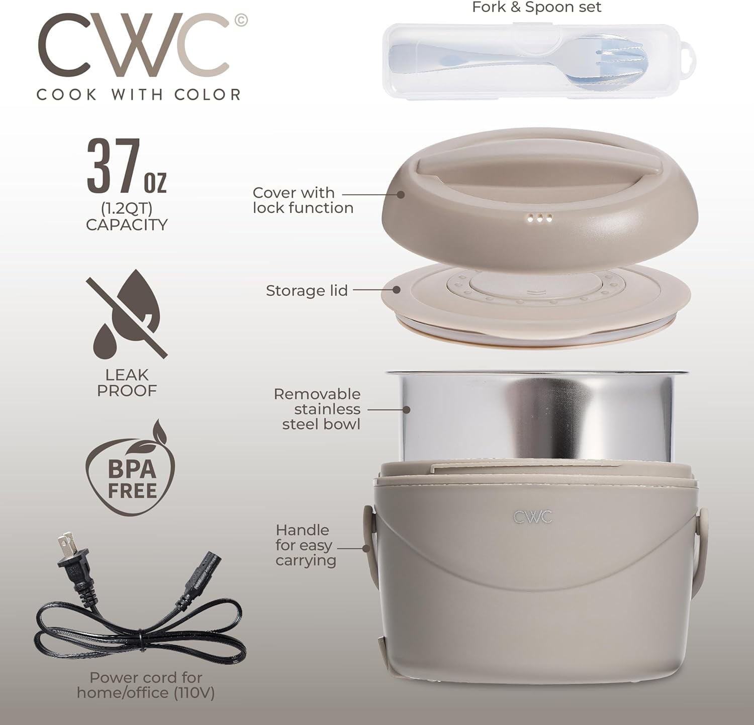 COOK WITH COLOR Round Electric Lunch Box Portable Food Warmer, 1.1L Capacity, Sand