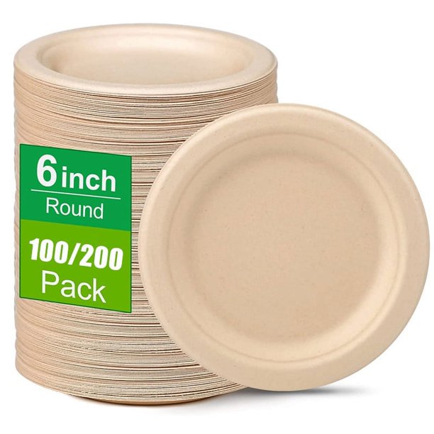 Platos de postre de 6 pulgadas, platos de papel resistentes 100% compostables, platos desechables pequeños ecológicos para cena de fiesta, 100/200 Uds.