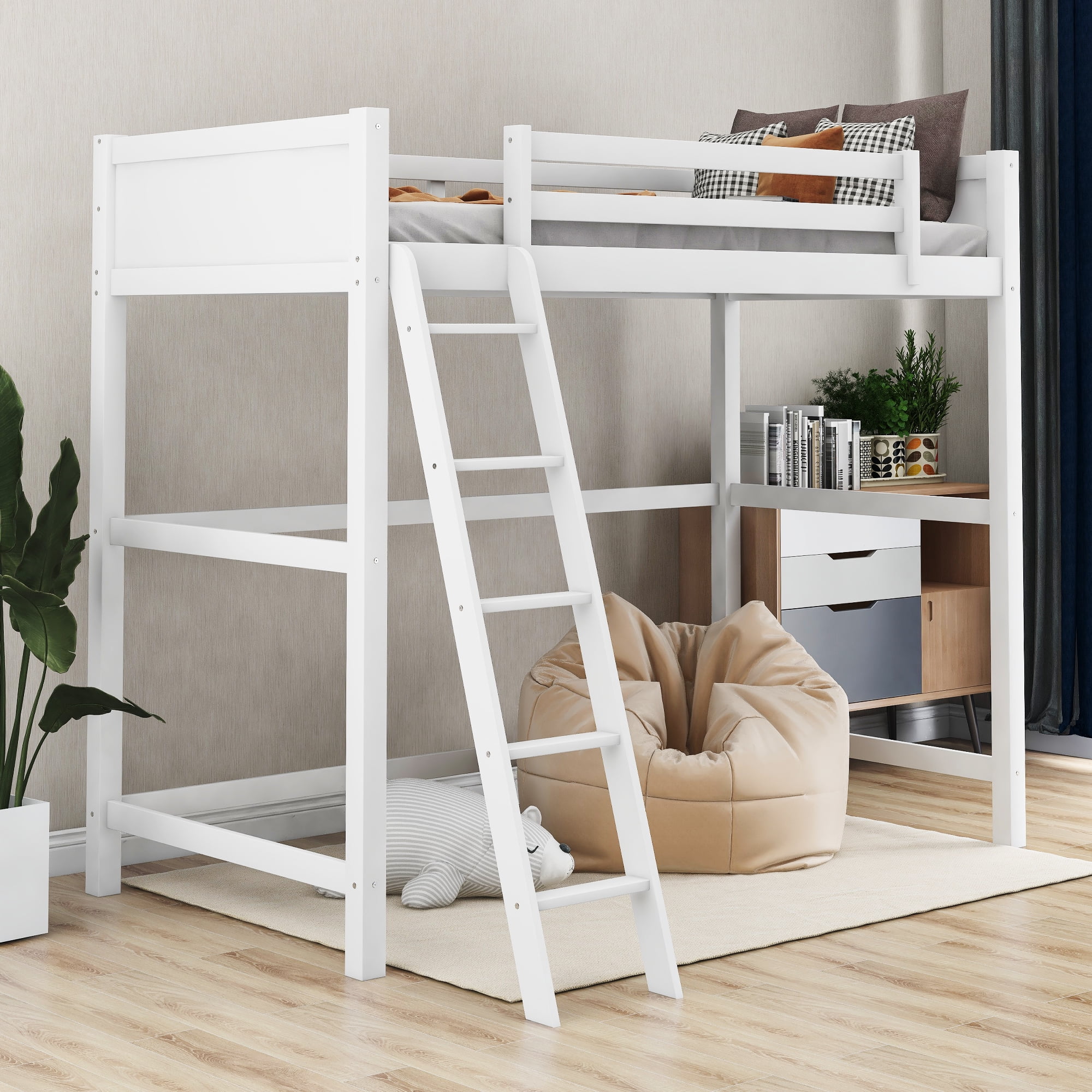SUMELL Wood Twin Size Loft Bed with Ladder, Secure Loft Bed Frame with