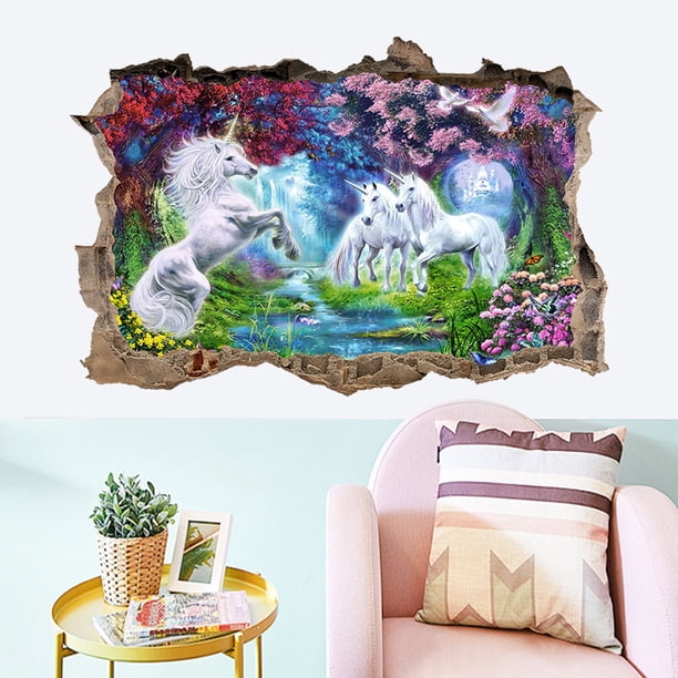 Adhesivo de pared con escena mágica de fantasía del bosque de unicornios, 70 x 50 cm