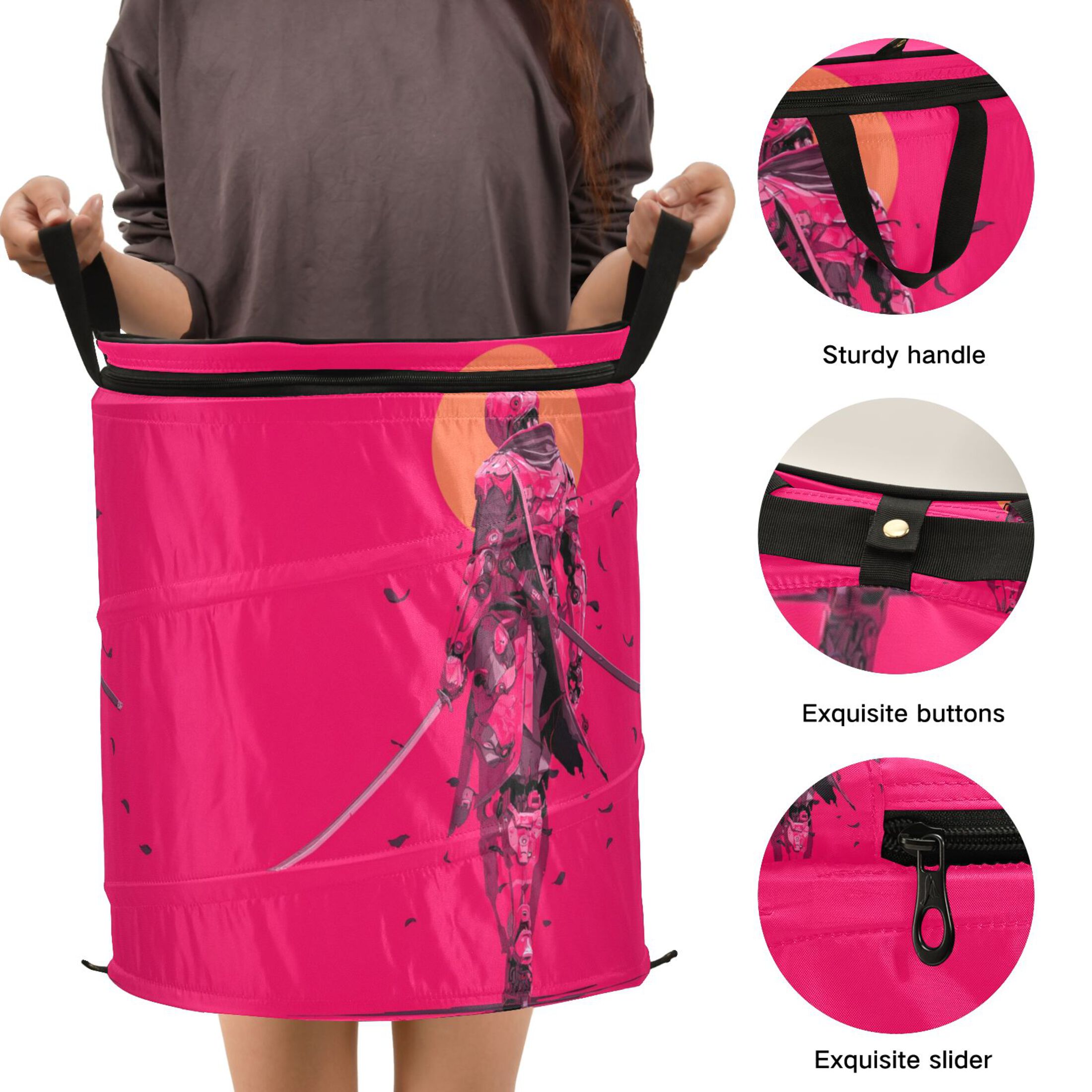 50L Extra Large Popup Hamper Collapsible Laundry Basket With Zippered Lid 15.7x18.5in Women Warrior
