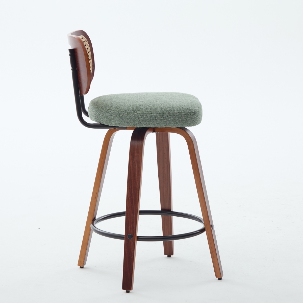 26 Inch Counter Height Swivel Bar Stools, Set of 3 Upholstered Faux Leather Bar Chairs with Walnut Back, Bentwood Legs, Mid Century Modern Island Stools for Kitchen Counter