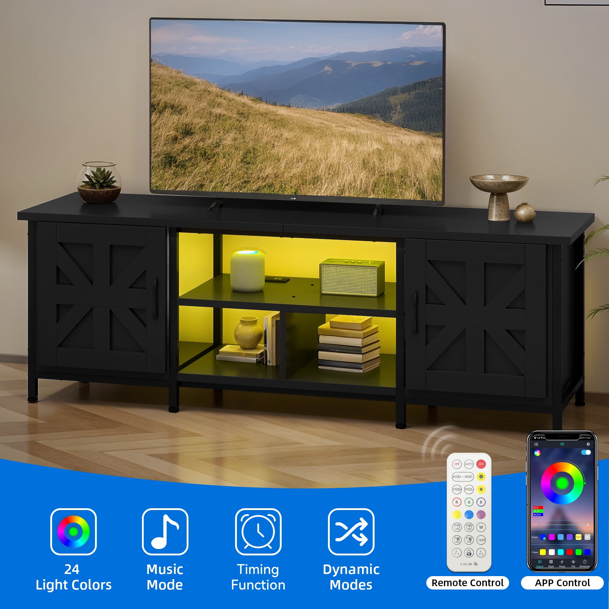 Uforic Farmhouse TV Stand with LED & Charging, Storage Cabinet and Shelves for TVs up to 70", Black