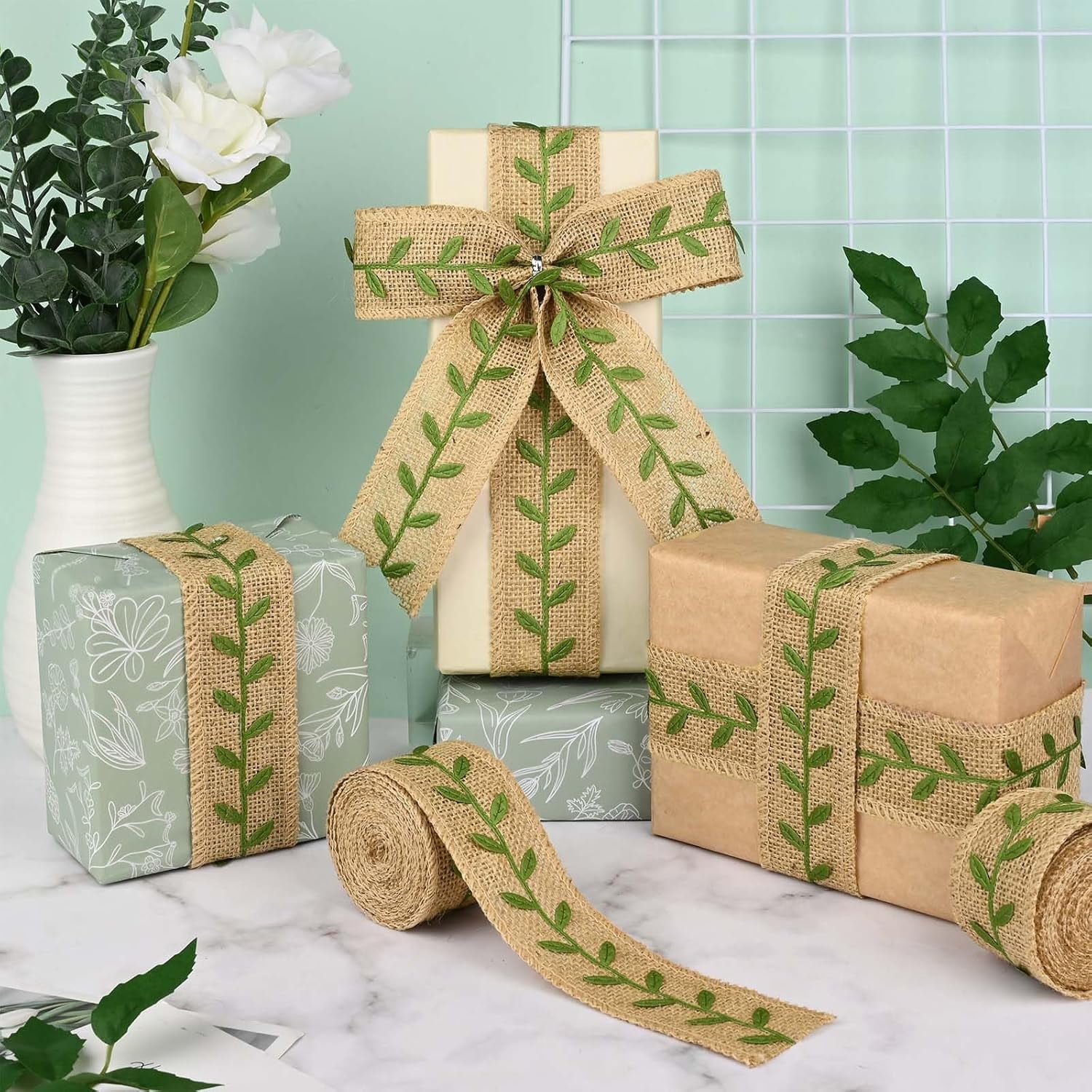 Dalrosia 4PCS Cake Burlap Ribbon Green Leaf Woodland Theme Cake Safari Ribbon for Jungle Baby Shower Party Wrapping Decorations