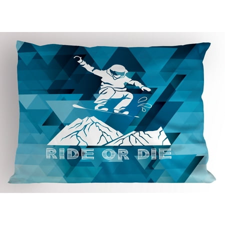 Standard Snowboarding - Adventure Pillow Sham Ride Or Die Sketch Letters Abstract Fractal Backdrop with Snowboarding Man, Decorative Standard Size Printed Pillowcase, 26 X 20 Inches, Purple Blue White, by Ambesonne