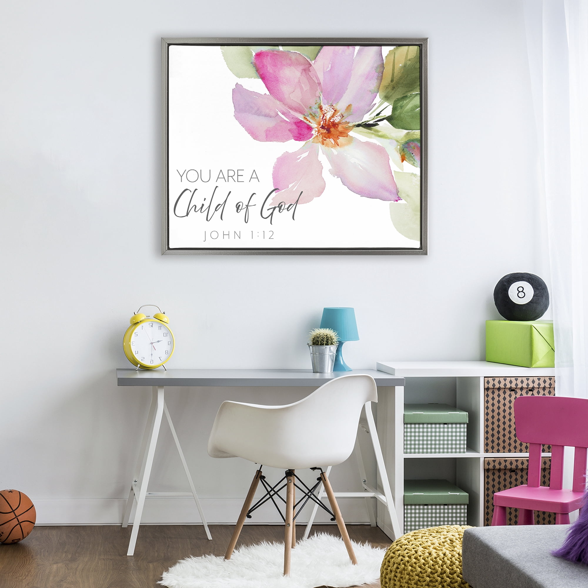 Stupell Industries Child Of God Pink Flower Gray Framed Floater Canvas Wall Art, design by Lanie Loreth