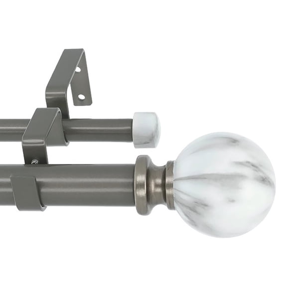 MERIVILLE 1" Double Curtain Rod Set, Adjustable 48–84 Inches, White Marble Ball Finials, Gunmetal