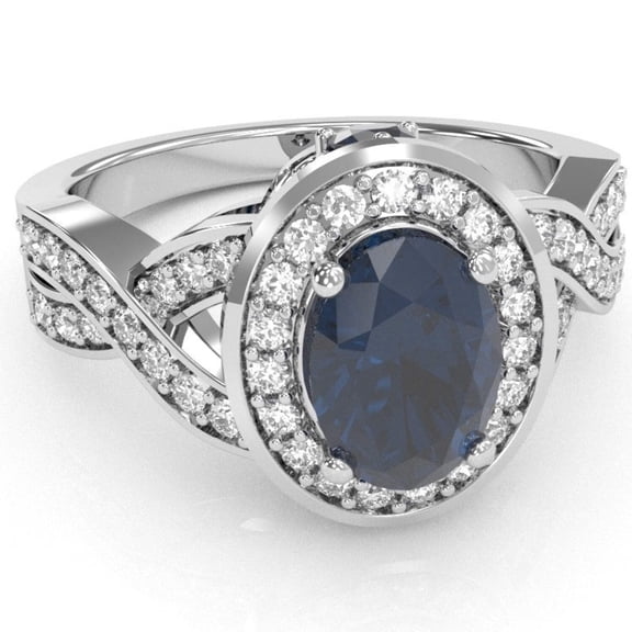 Three Stone Lab-Created Sapphire Diamond Peekaboo Halo Engagement Ring In 14k White Gold