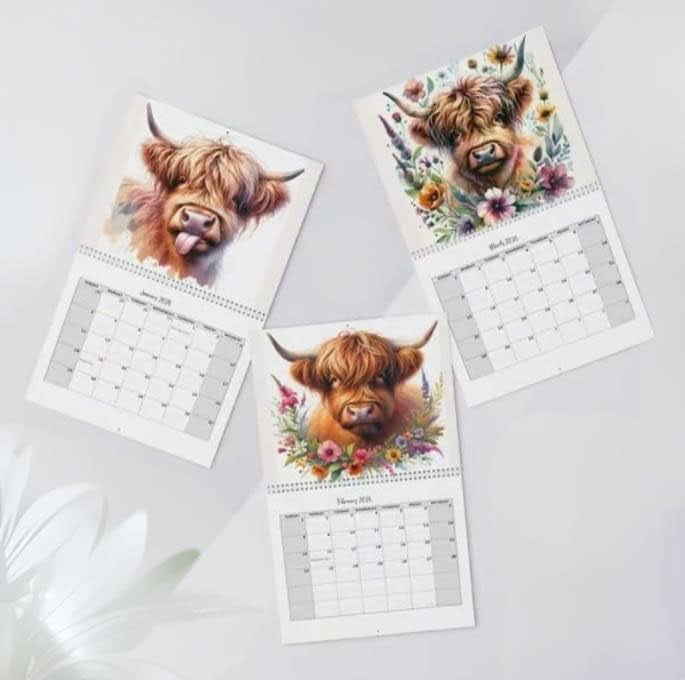 Brainybites Clearance 2026 Highland Cow Wall Calendar, Watercolour Cows Monthly Planner Scottish Wall Art Decor