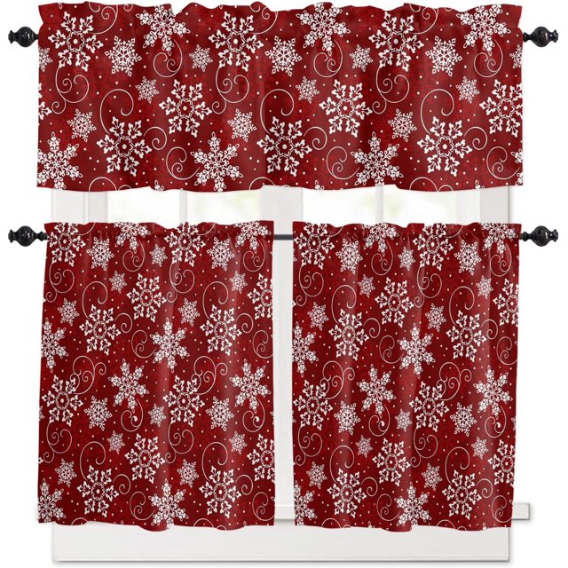 Ensemble de Rideaux et Cantonnières de Cuisine de Noël, Traitements de Fenêtre à Motif Flocons de Neige Rouges et Blancs, Cantonnières Mi-Longues/courtes pour Petites Fenêtres Café/salon/chambre 54x36 en Hiver