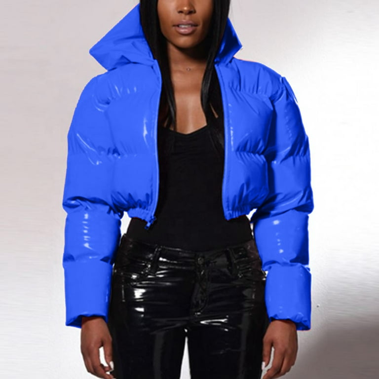 Entyinea Womens Cropped Puffer Jacket Quilted Warm Lightweight Long Sleeve  Winter Coat Blue M 