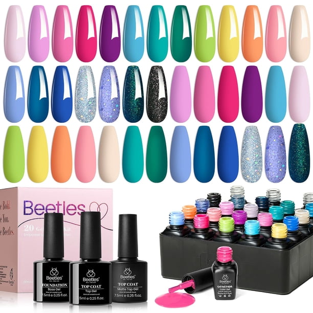 Beetles Kit de Esmalte en Gel 20 Piezas con Base y Top Coat, Fantasyland Collection 2023, tonos pastel, rosa brillante, púrpura, azul marino, verde y glitter, Soak Off LED, regalo para muje