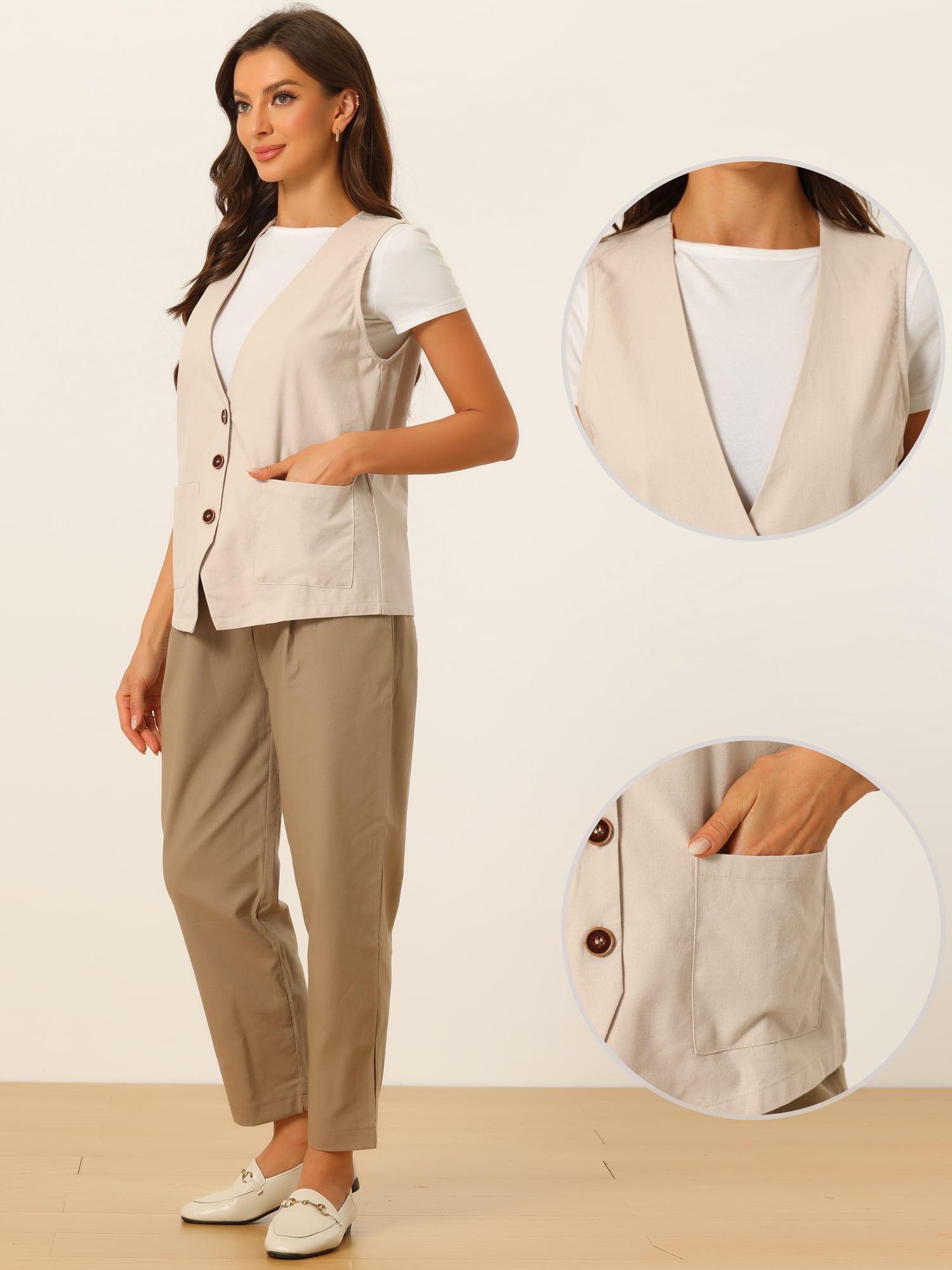 DARING DIVA Women's Button Down Vest Linen V Neck Summer Waistcoat S Khaki