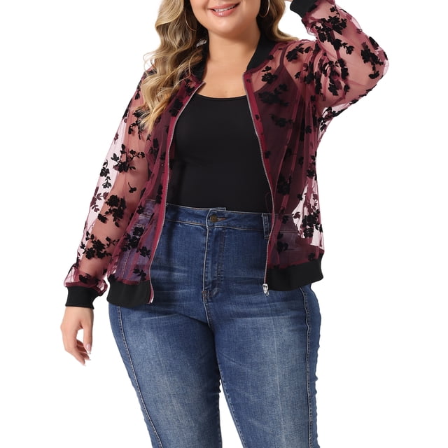 Chaqueta bomber de encaje floral transparente de manga larga para mujeres de tallas grandes GRACE & GRANDEUR 4X burdeos