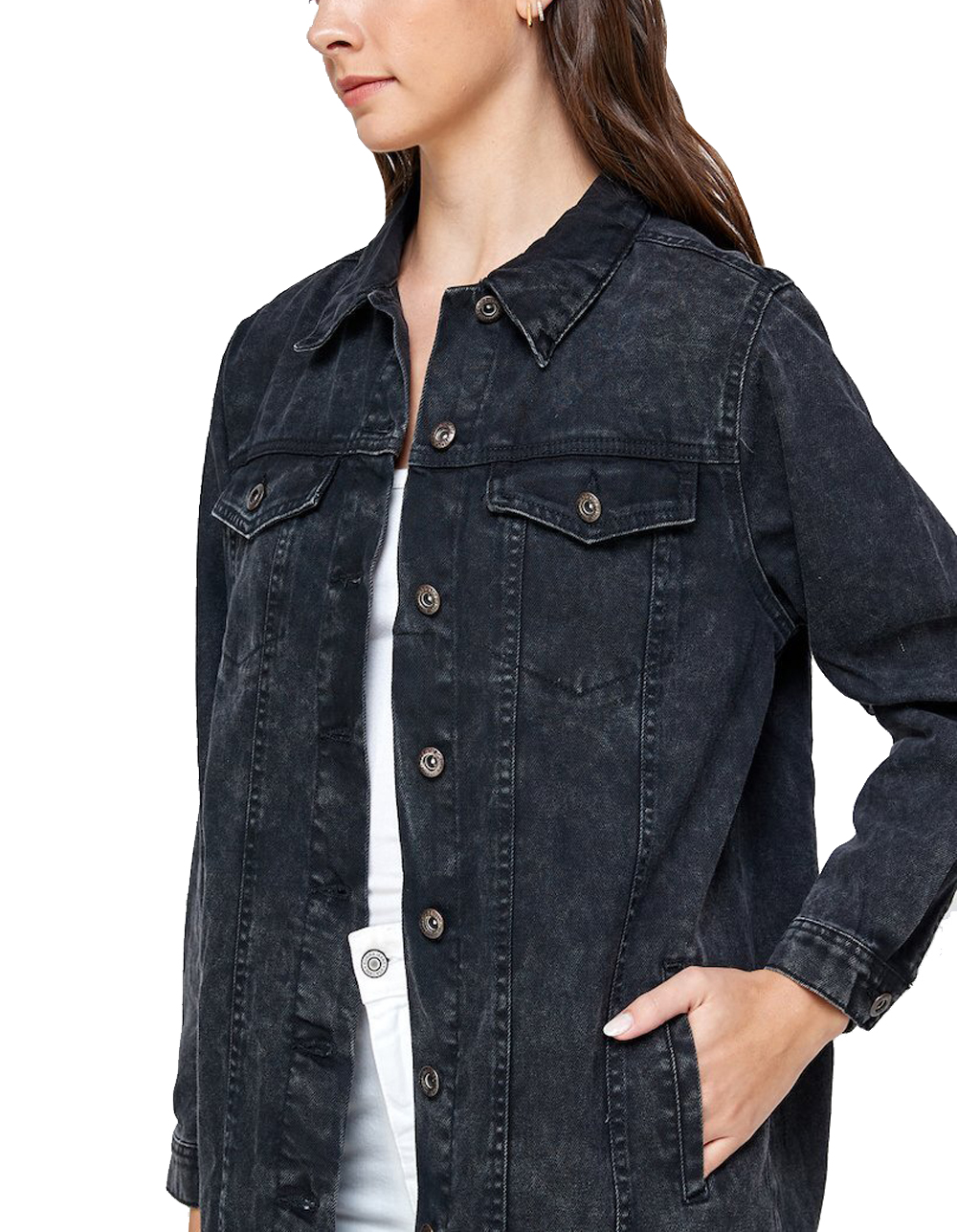 Women's Long Casual Maxi Length Denim Cotton Coat Oversize Button Up Jean Jacket (Mineral Black, S) - image 5 of 6