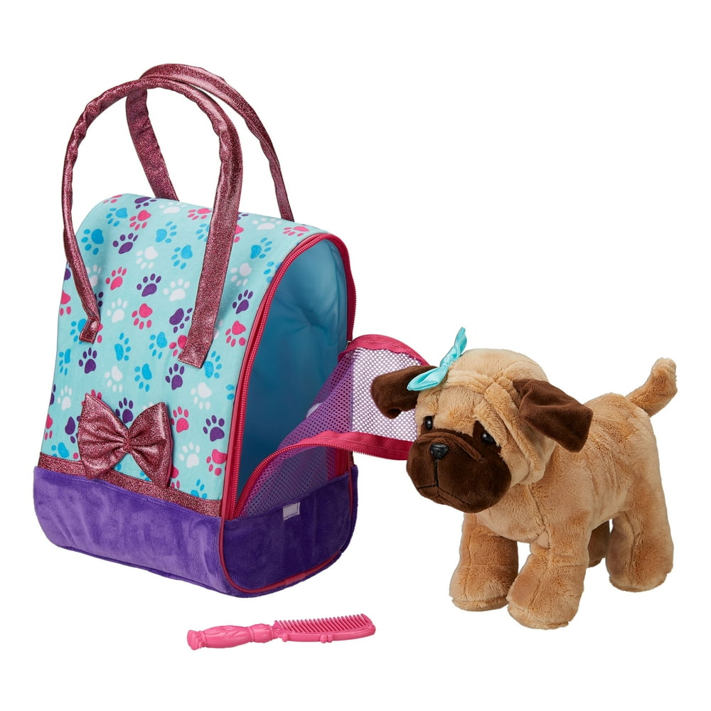 Plush Dog with Travel Carrier and Comb Stuffed Animal Toy Set, 3 Pieces