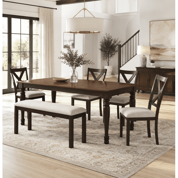Merluxy 6 Piece 60" Solid Wood Dining Table Set, for Kitchen, Dining Room, Brown & Black