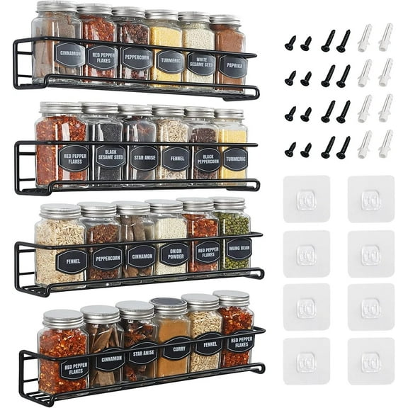 4 Pack Wall-Mounted Spice Rack Organizer, Carbon Steel Storage Shelf for Kitchen Cabinets & Pantry, Easy Install & Space-Saving Jar Holder for Spices and Herbs