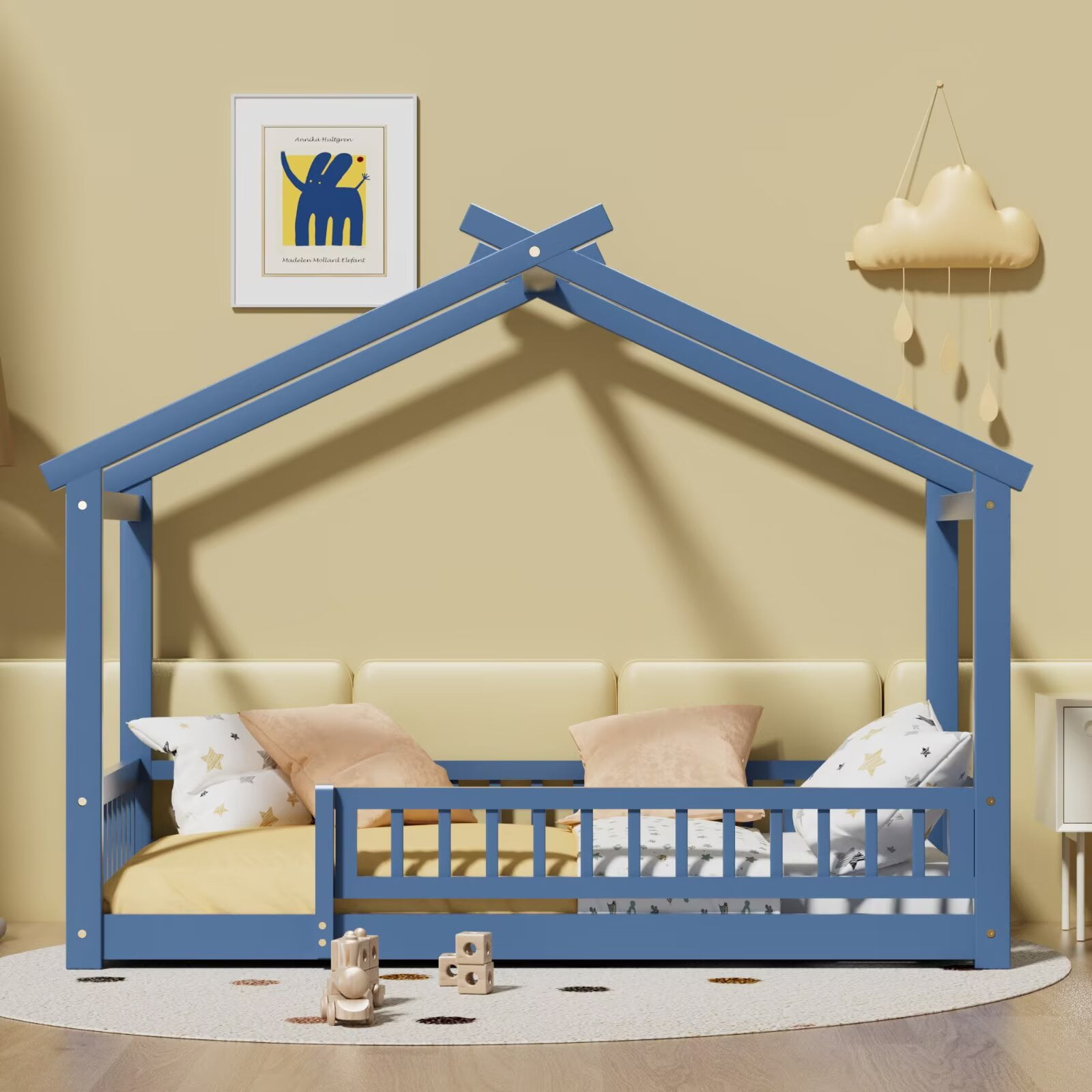Twin Size House Bed with Fence, Wood Floor Bed with Roof, Montessori Bed Frame Playhouse Bed for Girls and Boys Bedroom, Easy Assembly, Mist Blue