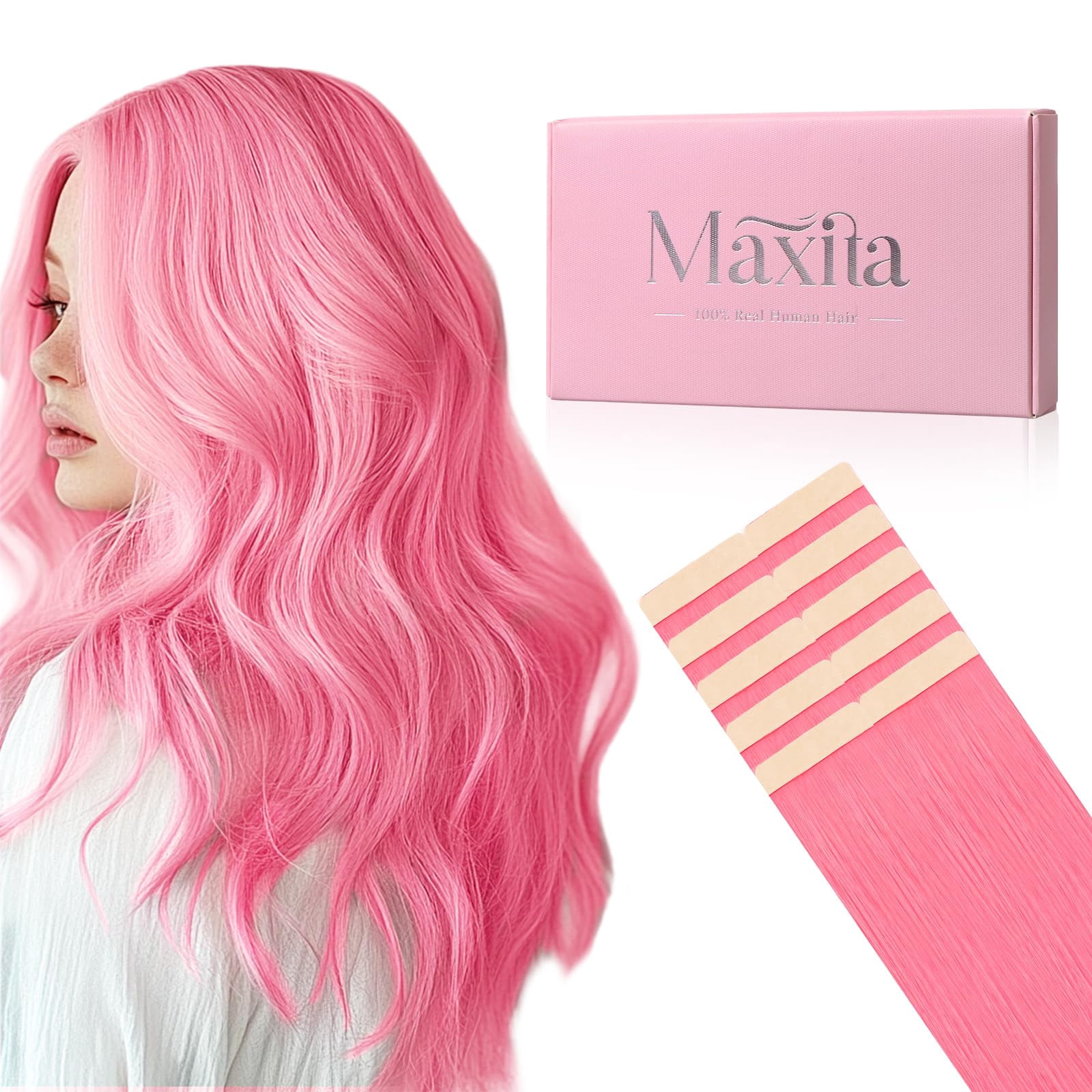 Extensiones de cabello humano rosa claro MAXITA con cinta adhesiva, 24 ...