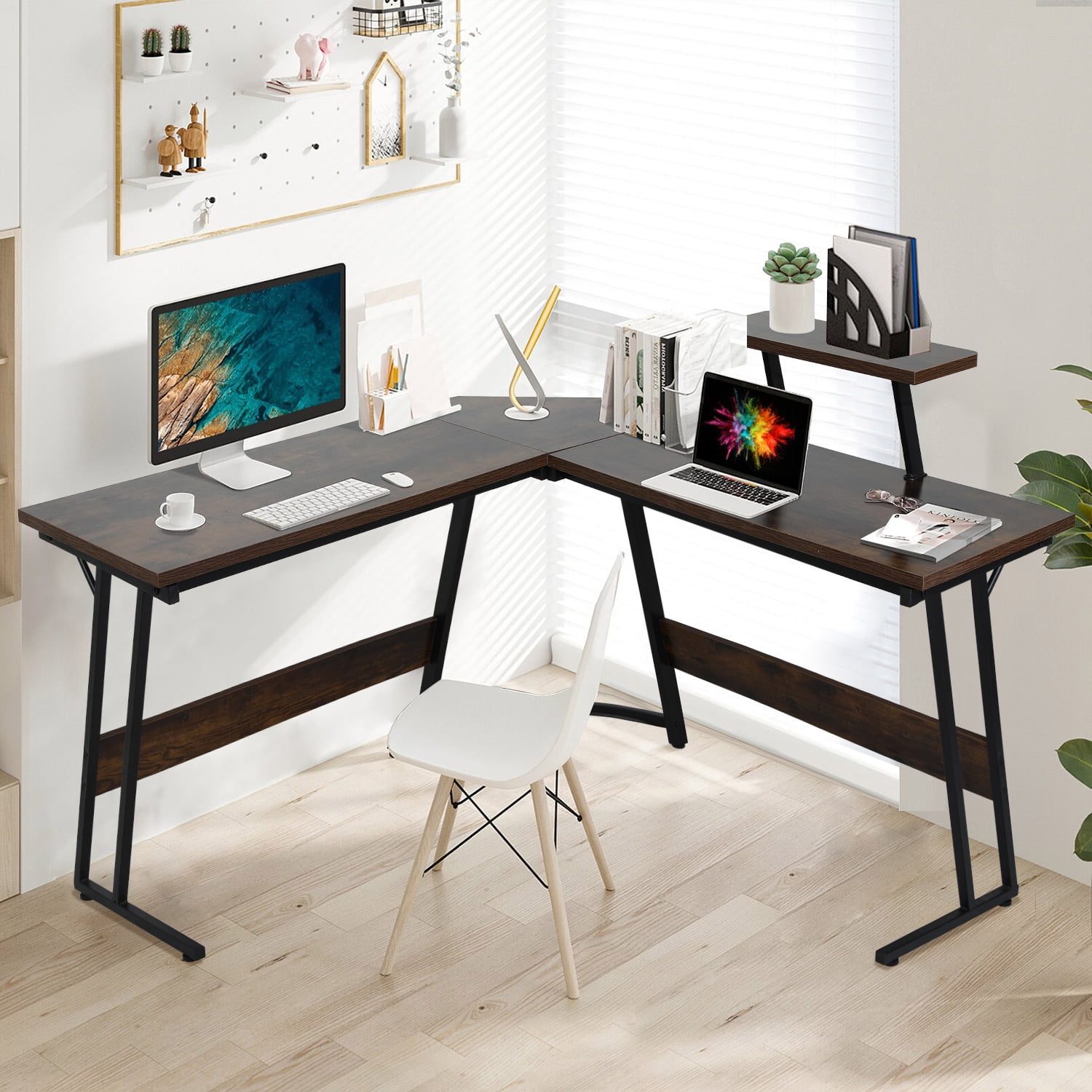 CL.HPAHKL L Shaped Desk Corner Gaming Desk Table with Large Monitor Riser Stand Computer Desk with Large Desktop Studying and Working and Gaming for Home and Work Place（ Brown 51 Inch）