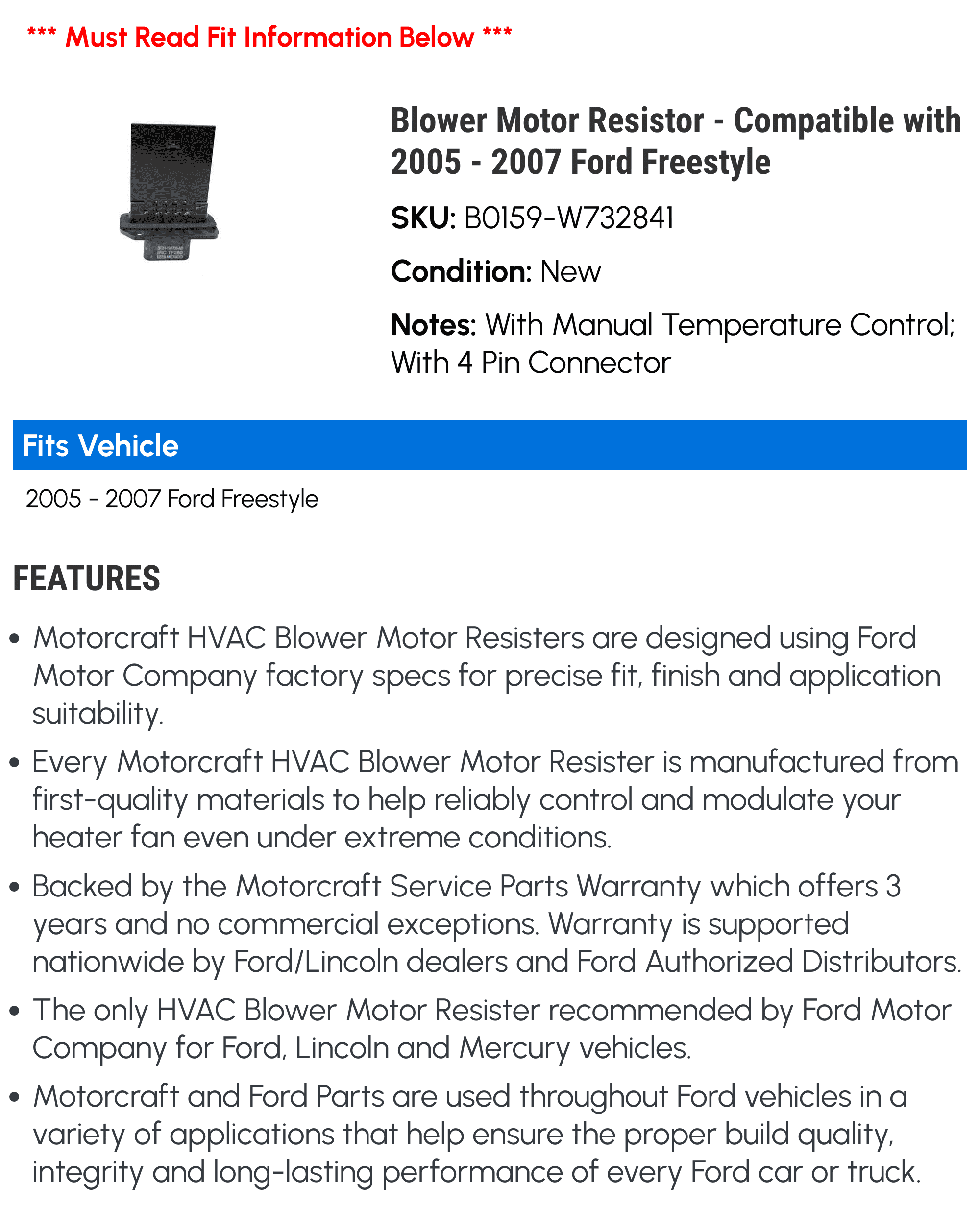 Blower Motor Resistor - Compatible with 2005 - 2007 Ford Freestyle 2006