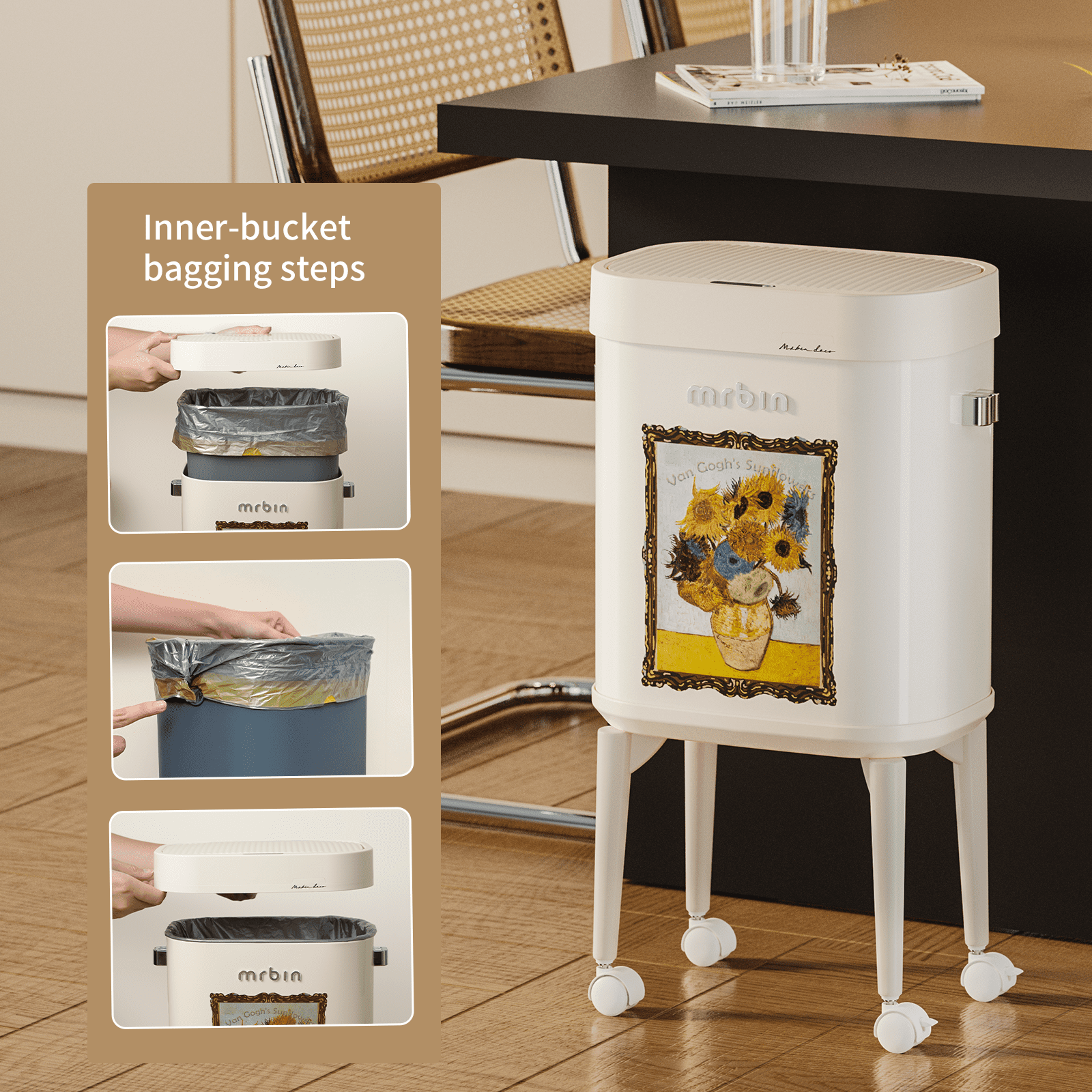Mrbin Metal Motion Sensor Kitchen Trash Can with Wheel Legs, 15L / 4gal Metal Slim Trash Can, Pet Proof Tall Narrow Garbage Pail for Vanity, Bedroom, Bathroom, Living Room, Sunflower