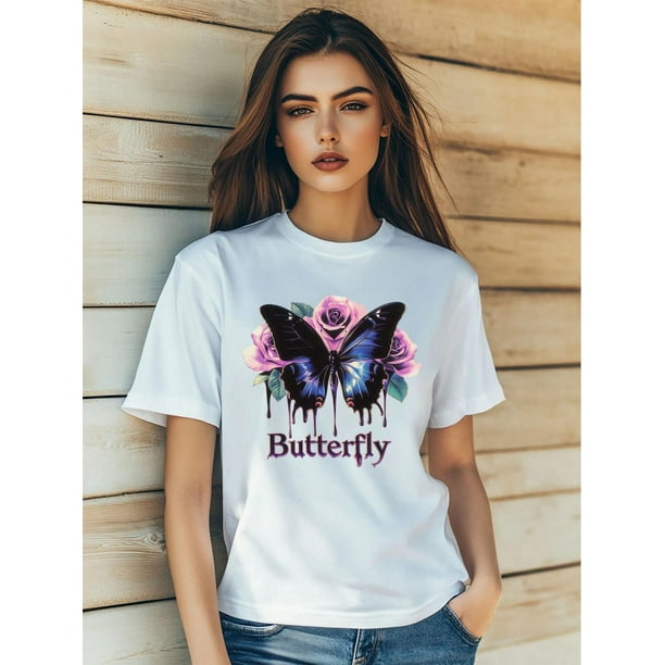 Camiseta informal de verano para mujer, con estampado retro de mariposas y rosas, manga corta y cuello redondo, ideal para el tiempo libre.