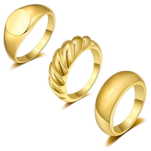 3Pcs Dome Chunky Rings 18K Gold Plated Rings for Women Girls Round Signet Rings Braided Twisted Signet Ring Minimalist Statement Rings Type1