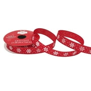 Holiday Time Gift Wrap Ribbon, Red Burlap with White Snowflake, 5/8"/25'