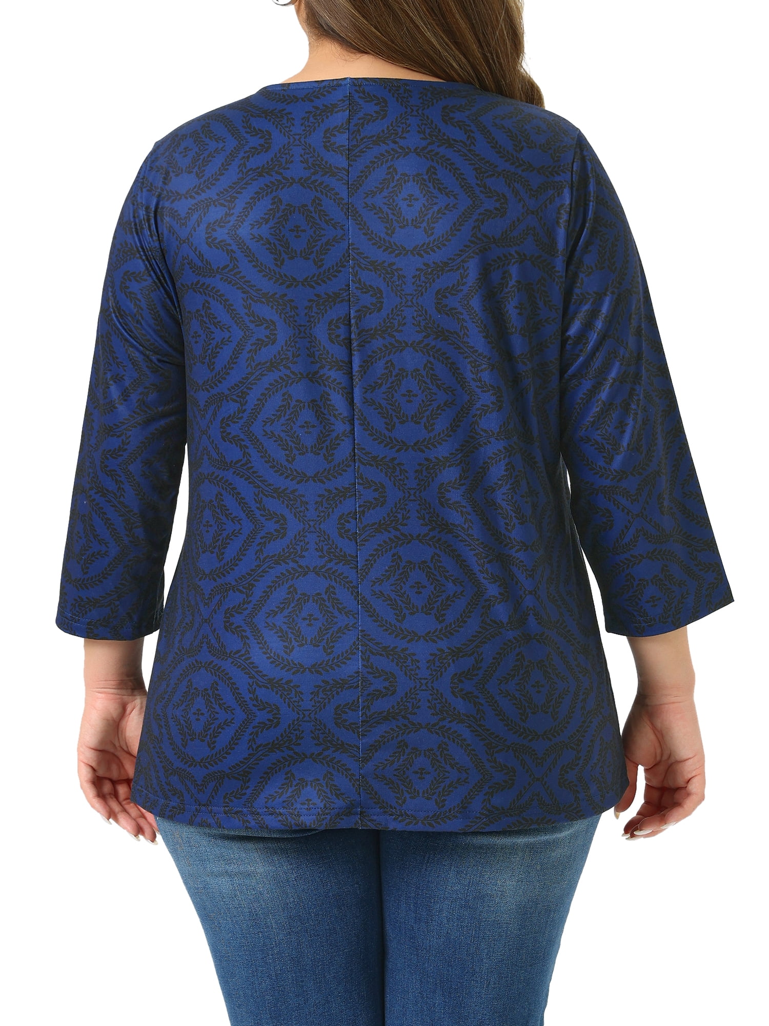 DARING DIVA Women's Plus V Neck 3/4 Sleeve Botanical Print Blouse Tunic Top 2X Navy Blue