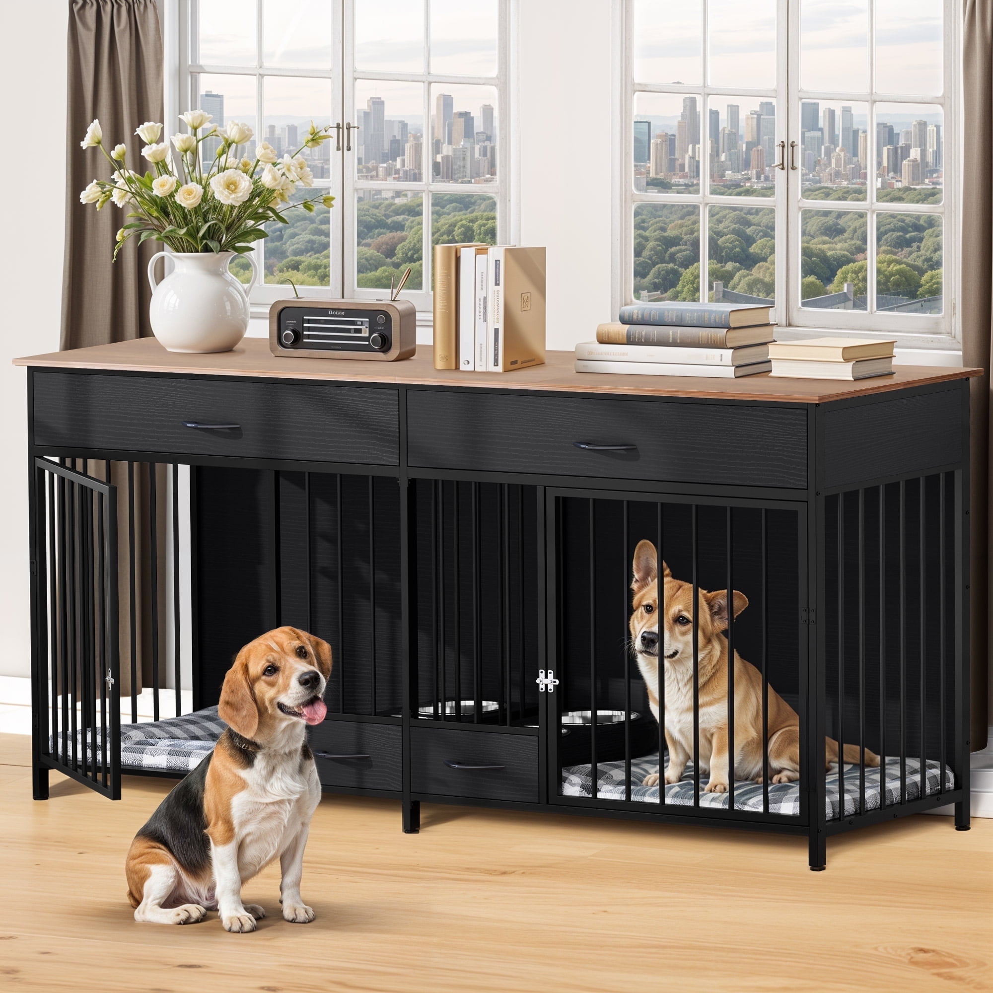 ModFusion 74" Black Double Dog Crate Furniture with 2 Drawers – Heavy-Duty Wood Pet Kennel & TV Stand for 2 Dogs, Lockable Doors, Modern Design