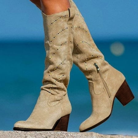

Vedolay Booties For Women Chunky Heel Women s Fashion Mid Calf Boot Block Heel Cowboy Half Boots Cowgirl Bootie Pull On Beige US 6.5-9