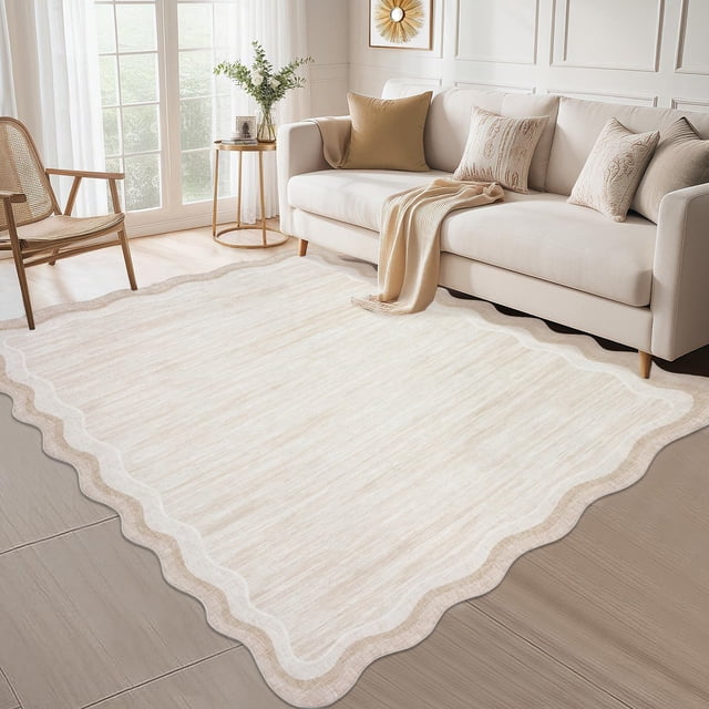 Scalloped Area Rug 5x7ft – Washable, Non-Slip Low Pile Modern Carpet for Living Room, Bedroom, Entryway – Soft, Neutral Color, Machine Washable Floor Mat – Light Cream, USA