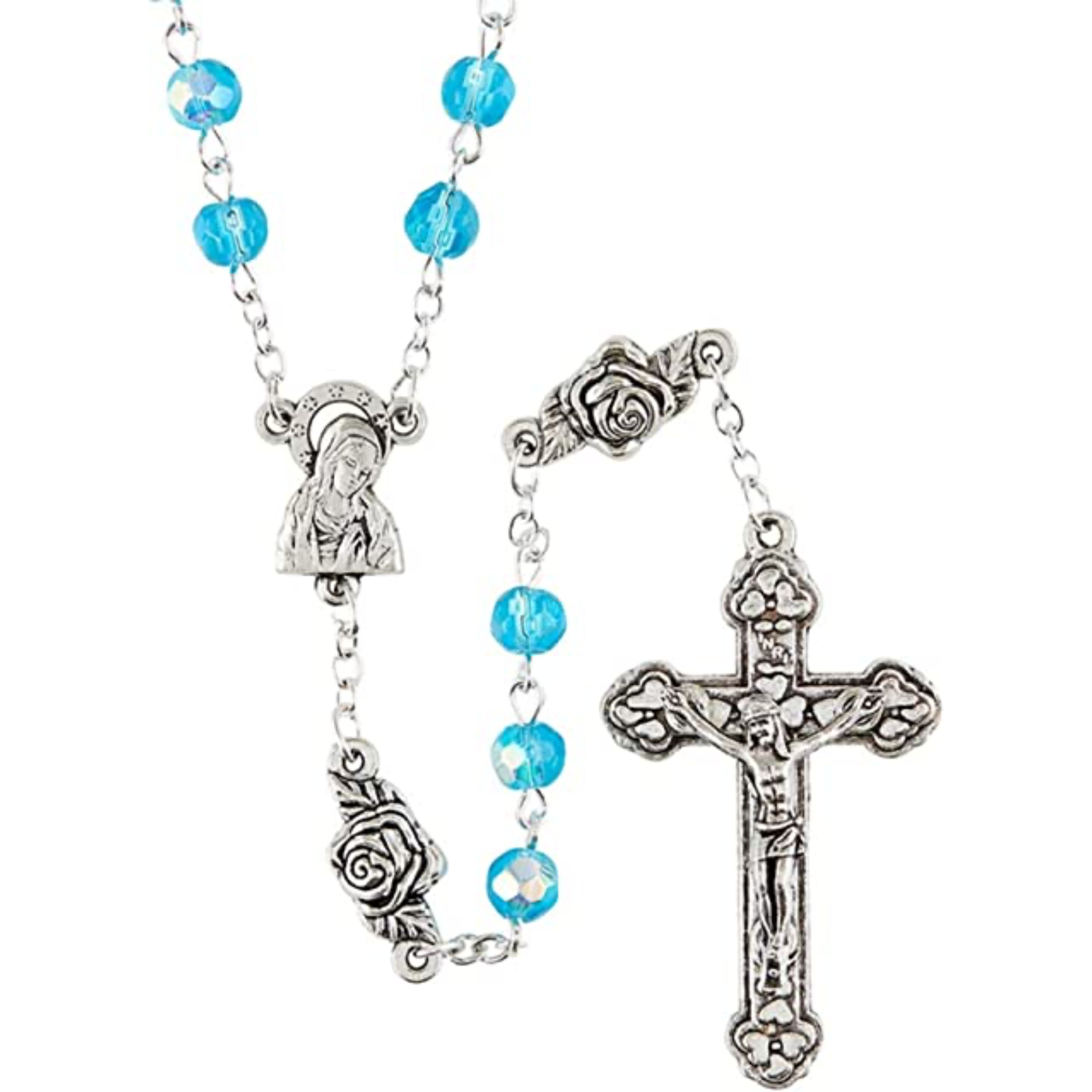 Rosebud Our Father Aqua Colored Beaded Rosary, Catholic Prayer Beads
