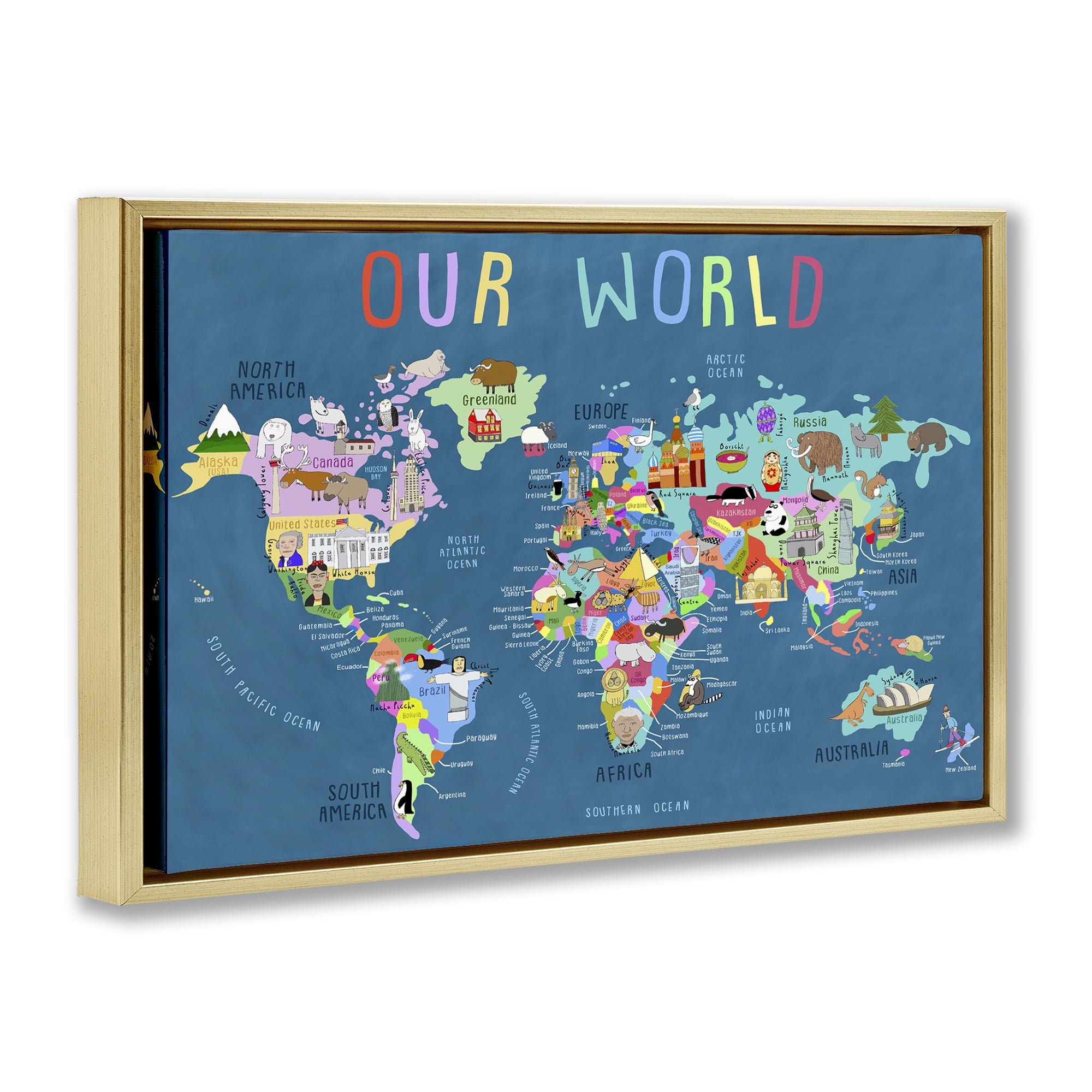 Stupell Industries Our World Map Education Painting Gold Floater Framed Canvas Art Print Wall Art, 25 x 17
