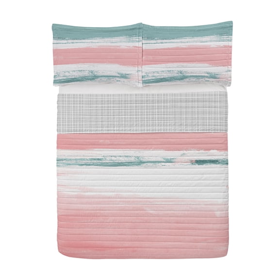 Grunge Reversible Bedspread Set, Watercolor Style Modern Abstract Art Design with Brush Stroke Effects, Pillow Shams & Comforter Microfiber Bedding Set, 3 Sizes, Pale Teal Blush Coconut, by Ambesonne