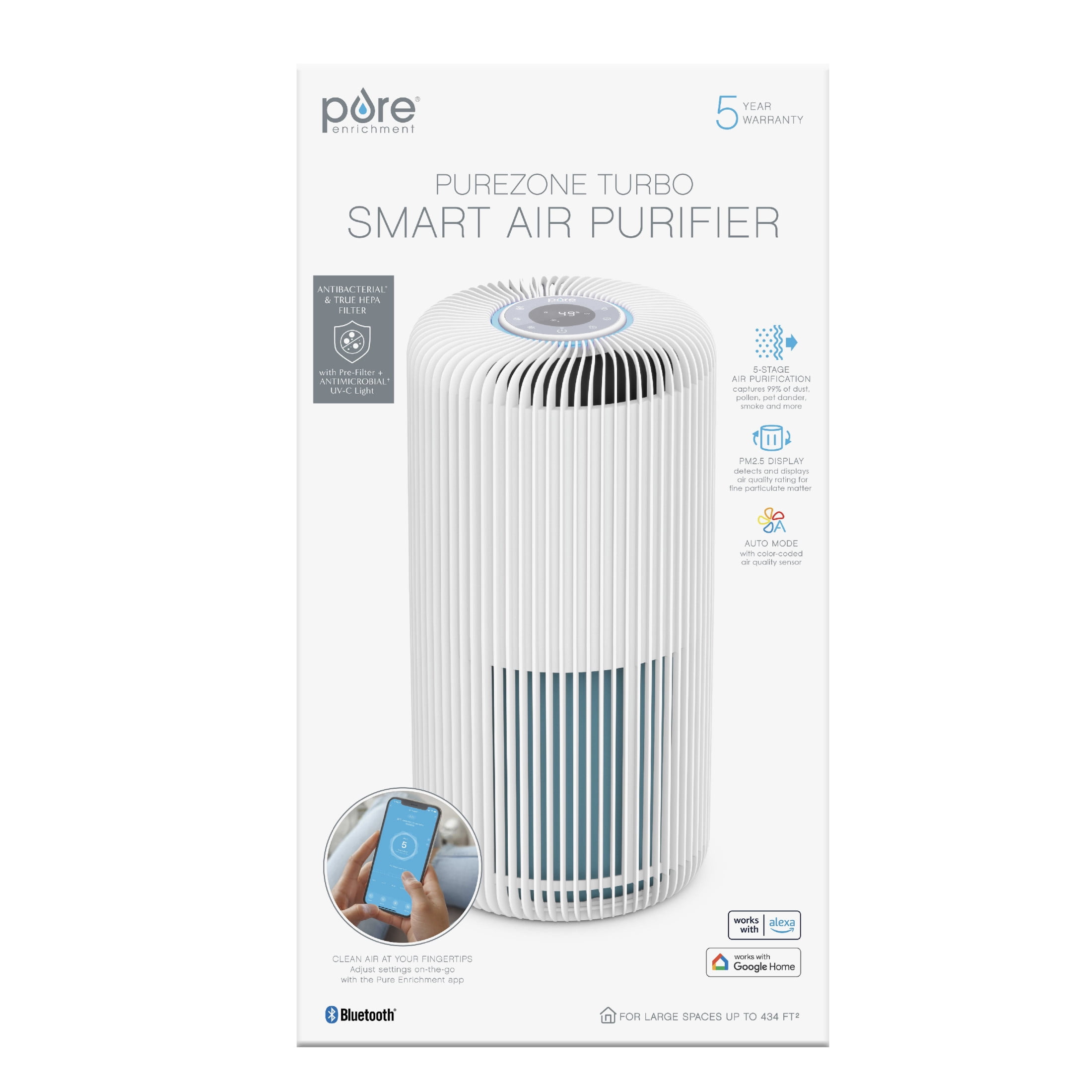 Pure Enrichment Smart 5-in-1 True HEPA Air Purifier with UV-C Light and App Control