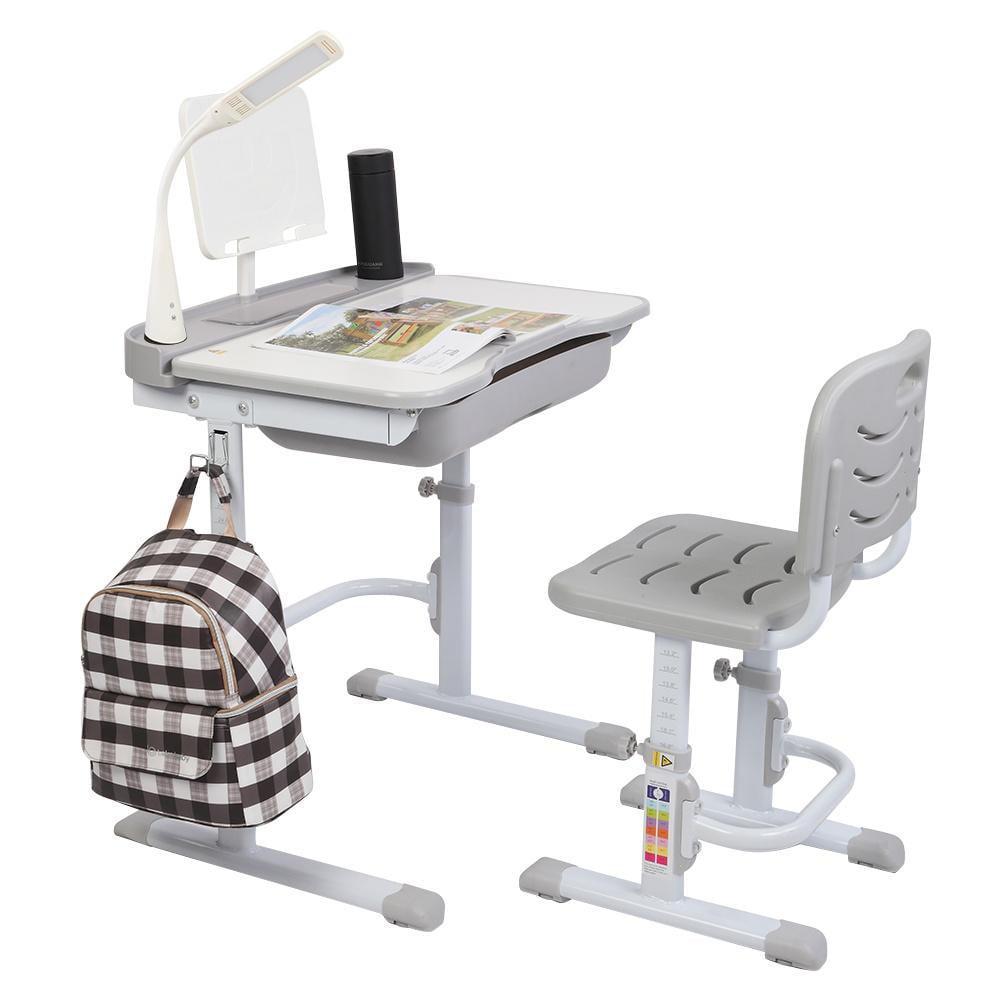 Height Adjustable Desk Chair Set For Kids Study Drawing w/Lamp & Bookstand Gray 