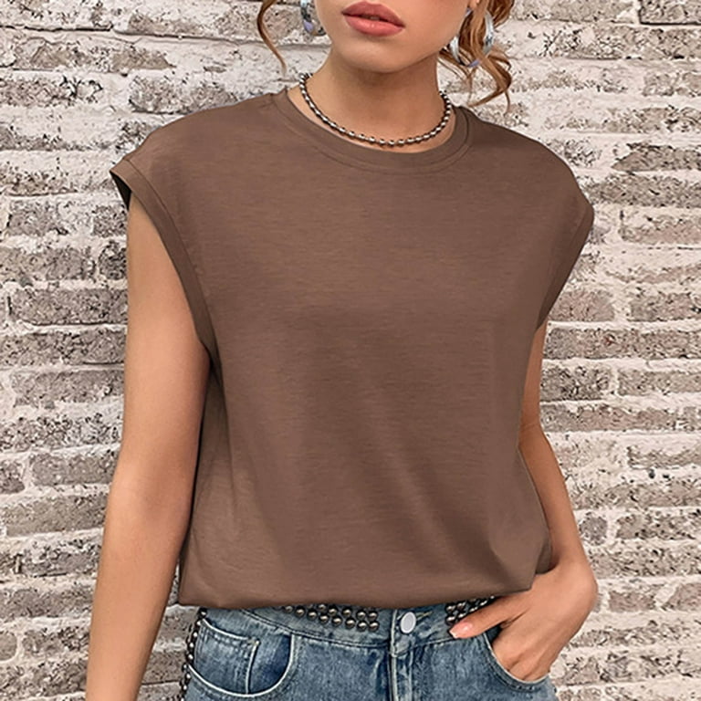 YYDGH Women's Cap Sleeve Tank Top Crew Neck T Shirts Loose Fit Basic Summer  Casual Workout Tee Tops Brown M 