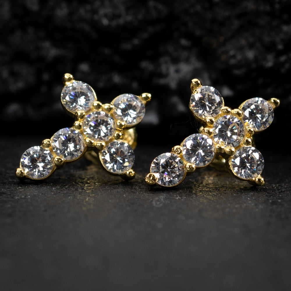 Small Solitaire Prong Set Iced 5A Cz Yellow Gold Plated 925 Sterling Silver Screw Back Post Crucifix Gothic Cross Stud Earrings