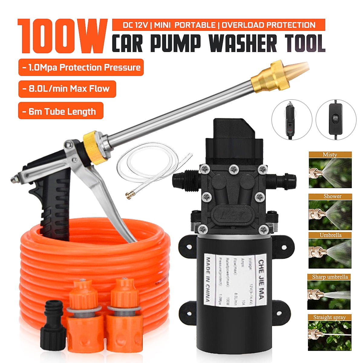 12V 100W 200PSI High Pressure Water Pump Sprayer Car Washer Kit With