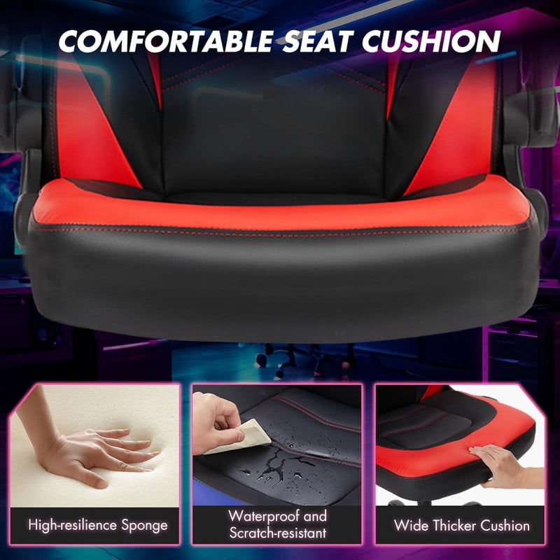 Beddle Gaming Office Chair, Ergonomic PU Leather High Back Swivel Computer Desk Chair with Flip-up Arms, Lumbar Support, Black Red
