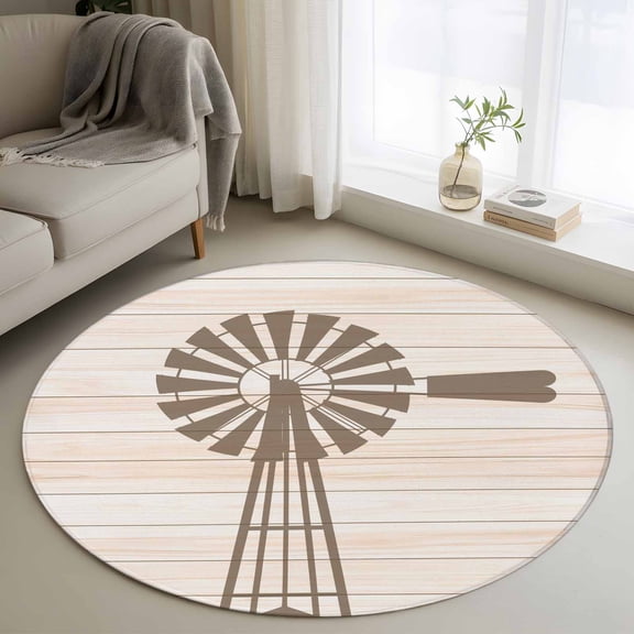 Rustic Windmill Round Area Rug 3Ft Washable Small Circle Rugs for Kitchen Entryway, Vintage Country Farmhouse Wooden Grain Non-Slip Carpet Floor Mats Indoor Outdoor Carpet Runner Aesthetic Home Decor