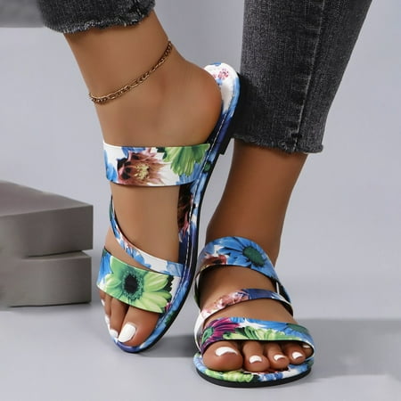 

Ediodpoh Ladies Summer Colour Blocking Flower Leather Beach Outer Wear Flat Bottom Large Size Sandal Slippers Womens Sandals Blue 8(40)