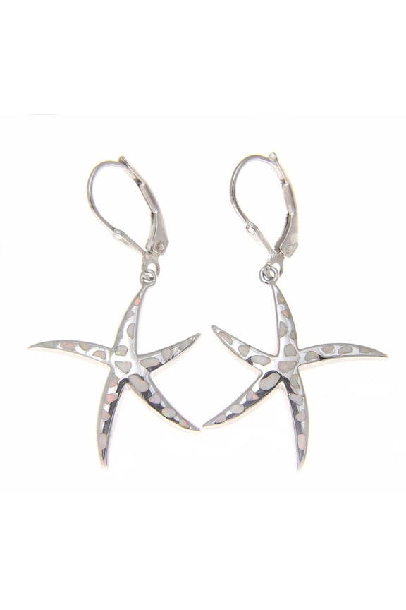 925 sterling silver Hawaiian starfish sea star white synthetic opal leverback earrings