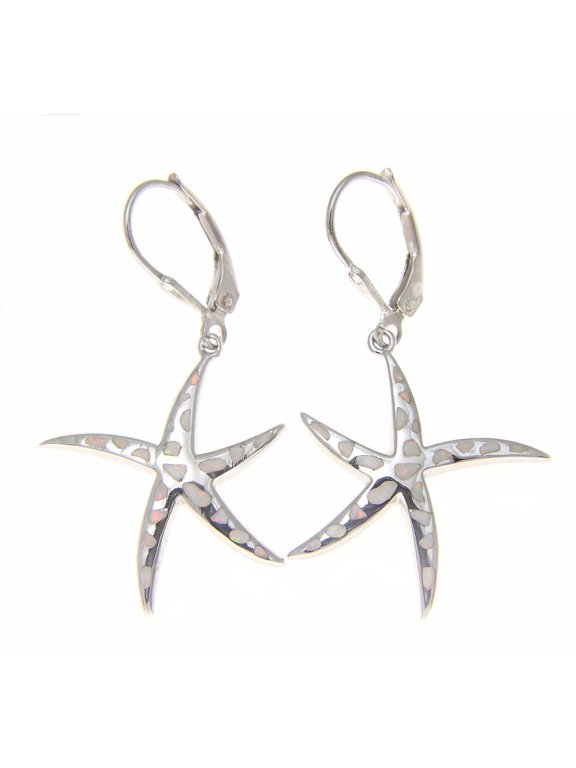 925 sterling silver Hawaiian starfish sea star white synthetic opal leverback earrings