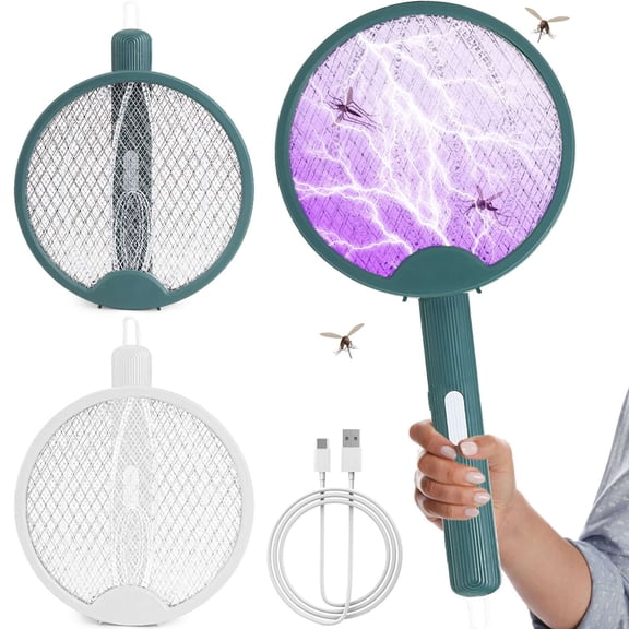 Deago Foldable Electric Fly Swatter 3000V Portable 2 in 1 Bug Zapper Racket Fly Killer Mosquitoes Trap Lamp USB Rechargeable for Indoor and Outdoor Use (Green)